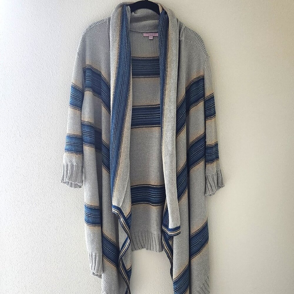 CALYPSO ST. BARTH Beige Linen Knit Blue Stripe Open Cardigan Sweater Size 0